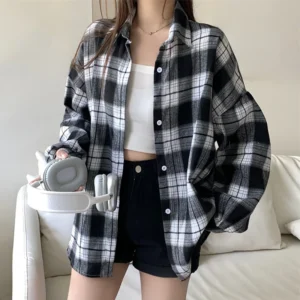 Damska koszula flanelowa w kratę z długim rękawem, oversize Color 3