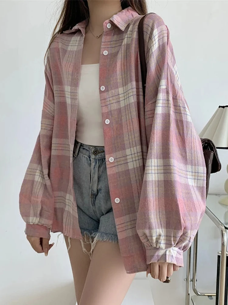 Damska koszula w kratę - luźna bluzka w stylu preppy Kolor 3