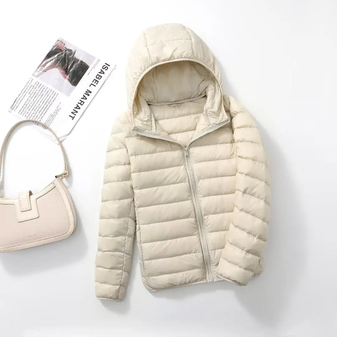 Damska ultralekka kurtka puchowa z kapturem plus size Morelowy