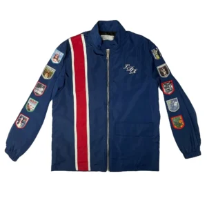Damska kurtka racer w stylu sportowym z naszywkami Niebieski