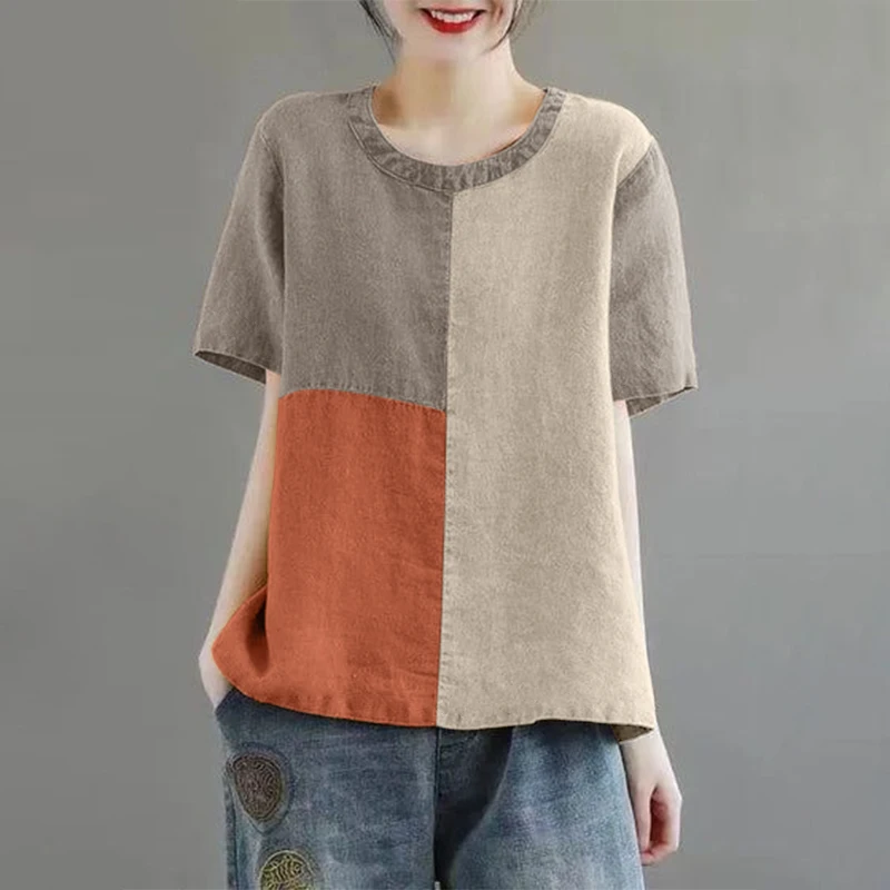Damska lniana bluzka patchwork z krótkim rękawem Khaki