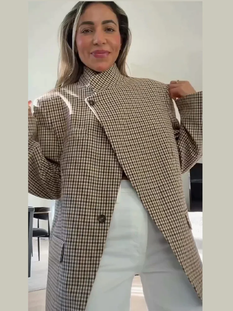 Damska marynarka w kratę ze stójką, oversize Plaid