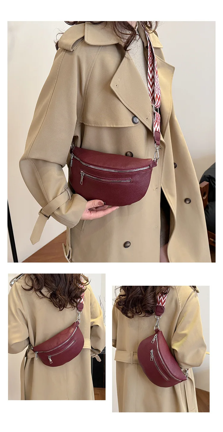 Damska saszetka nerka z eko-skóry z szerokim paskiem crossbody Bordowy