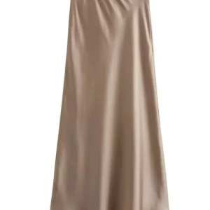 Damska satynowa spódnica midi z wysokim stanem, elegancka Khaki