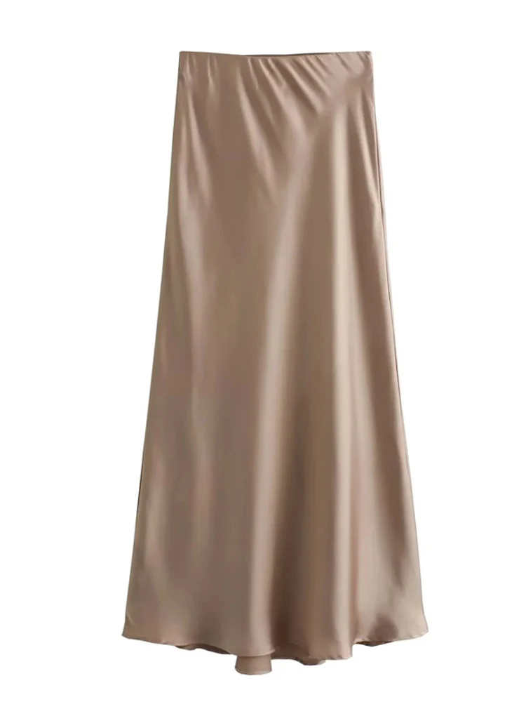 Damska satynowa spódnica midi z wysokim stanem, elegancka Khaki