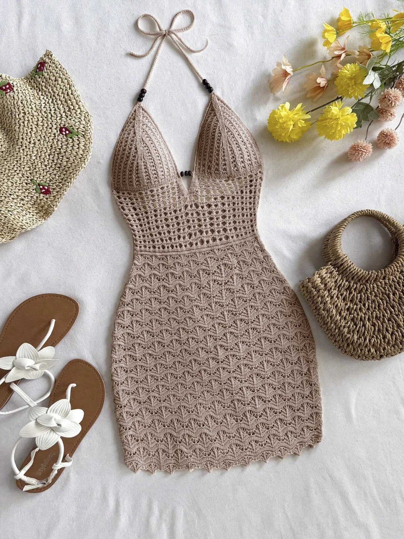 Damska szydełkowa sukienka plażowa na ramiączka typu halter Khaki