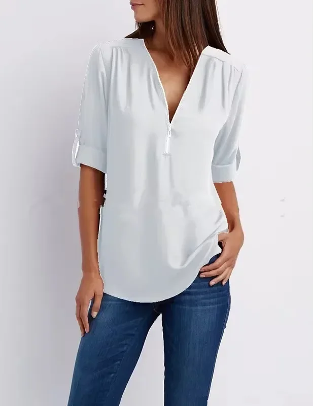 Damska luźna szyfonowa bluzka z dekoltem V, plus size Biały