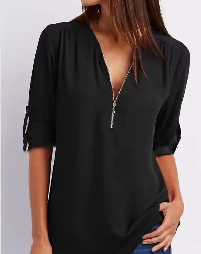 Damska luźna szyfonowa bluzka z dekoltem V, plus size Czarny