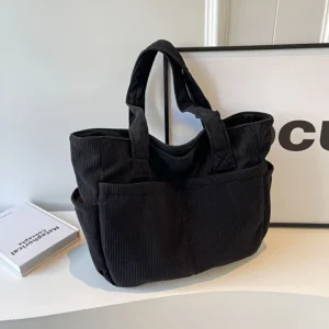 Damska torba shopper ze sztruksu w paski, na zamek Czarny