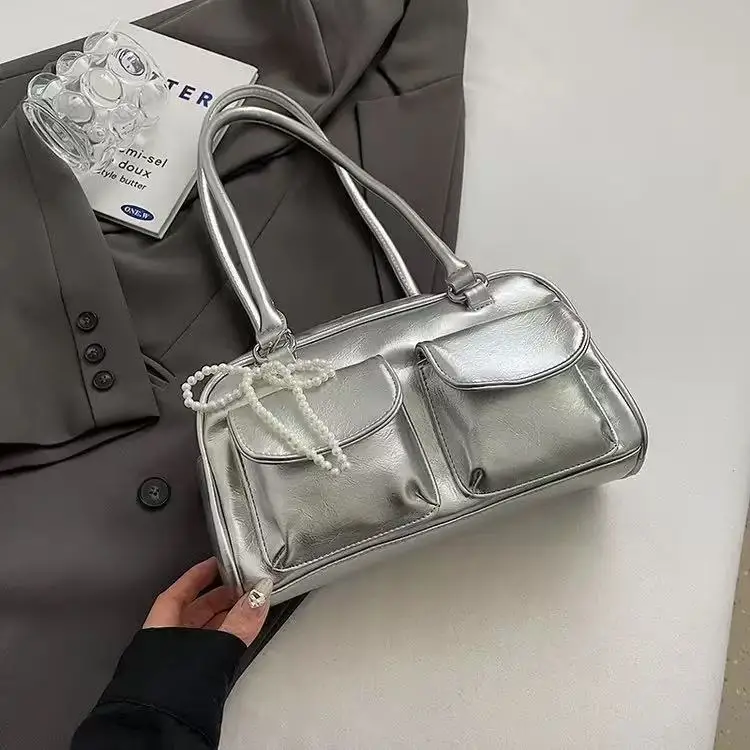 Damska torebka pod pachę z kokardą, pillow bag w stylu koreańskim Srebrny