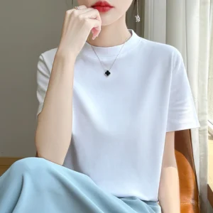 Damski bawełniany T-shirt z półgolfem krótki rękaw Biały
