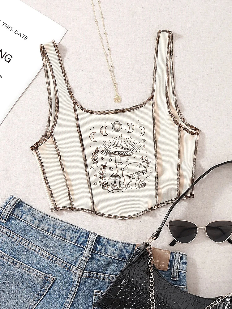 Damski crop top grunge z nadrukiem roślin, styl Y2K streetwear Beżowy