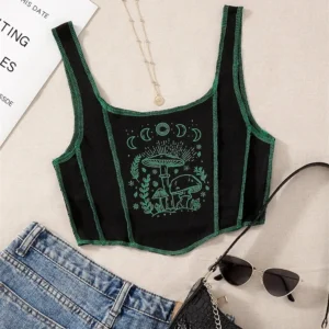 Damski crop top grunge z nadrukiem roślin, styl Y2K streetwear Zielony