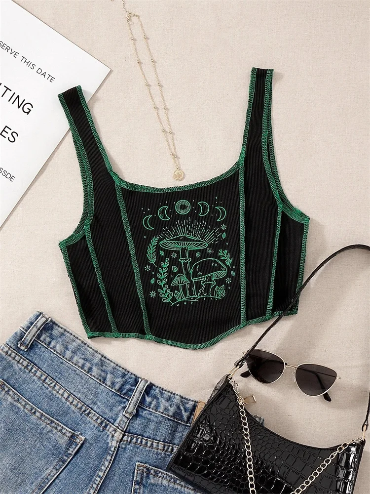 Damski crop top grunge z nadrukiem roślin, styl Y2K streetwear Zielony