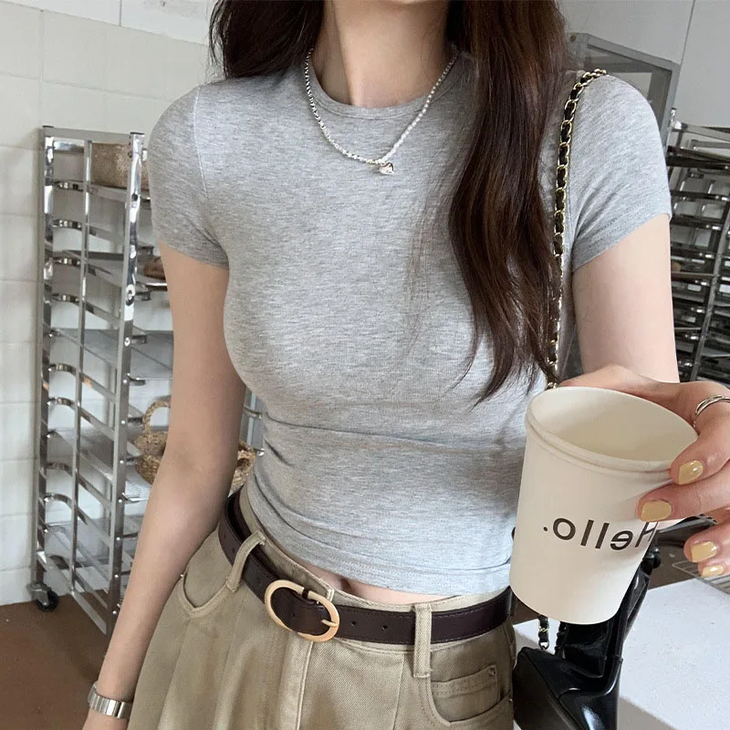 Damski crop top z krótkim rękawem, dopasowany Szary