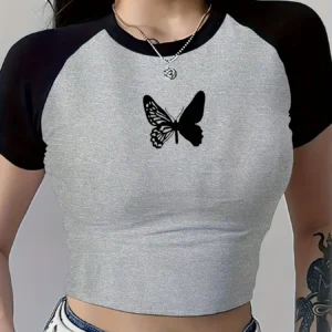 Damski crop top z nadrukiem motyla – krótki T-shirt w stylu Y2K 8.88 03954