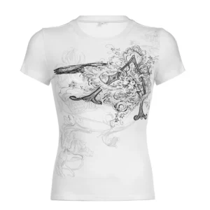 Damski crop top z krótkim rękawem w stylu retro Y2K Biały