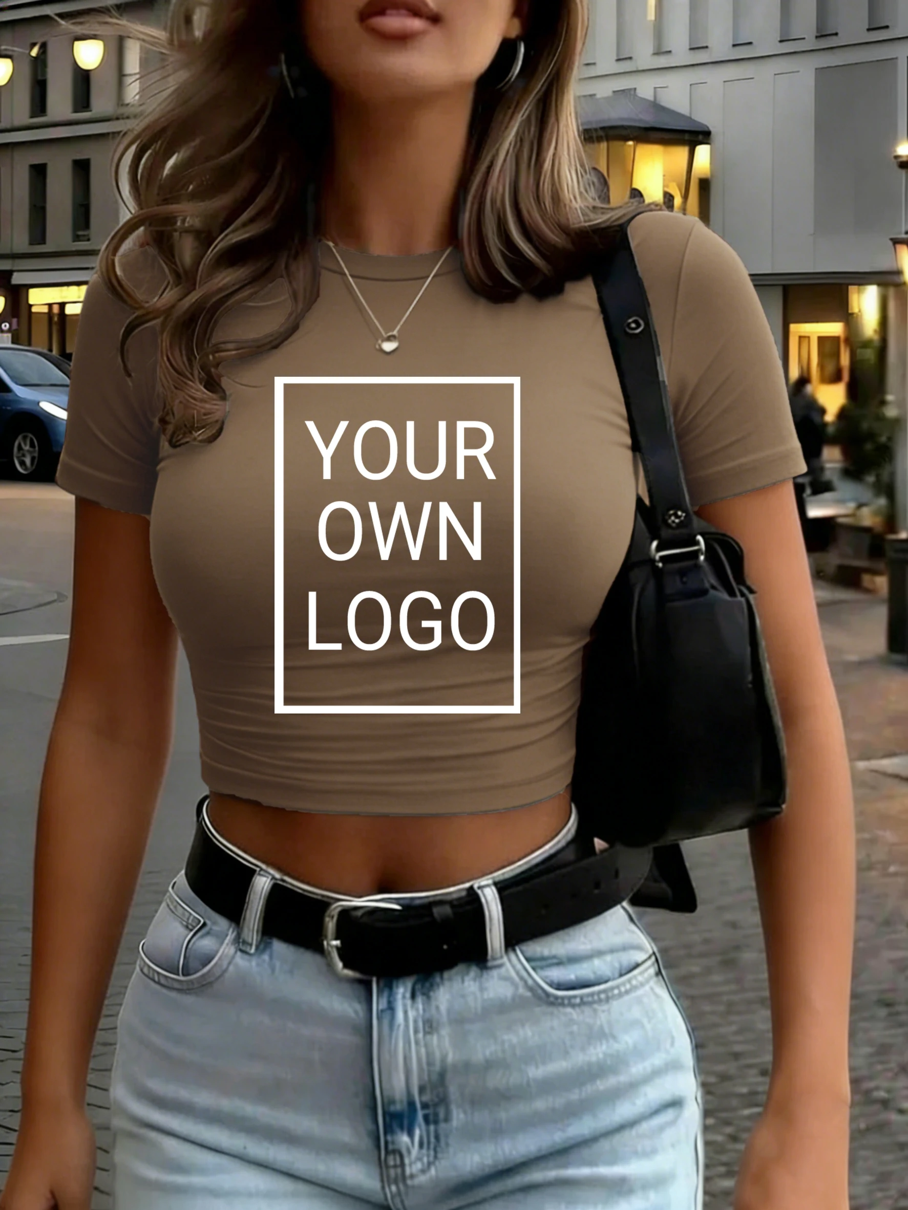 Damski crop top Y2K z krótkim rękawem Brązowy