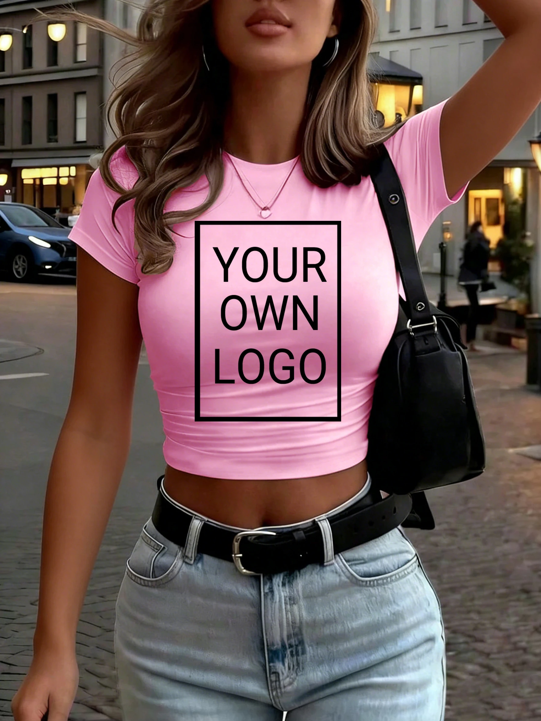 Damski crop top Y2K z krótkim rękawem Różowy