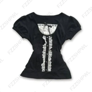 Damski crop top Y2K w stylu vintage z krótkim rękawem Black1