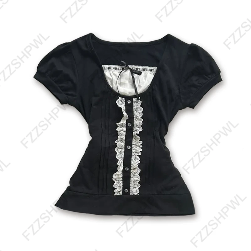 Damski crop top Y2K w stylu vintage z krótkim rękawem Black1