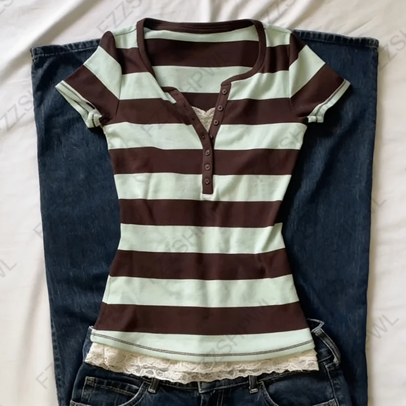 Damski crop top Y2K w stylu vintage z krótkim rękawem Brązowy