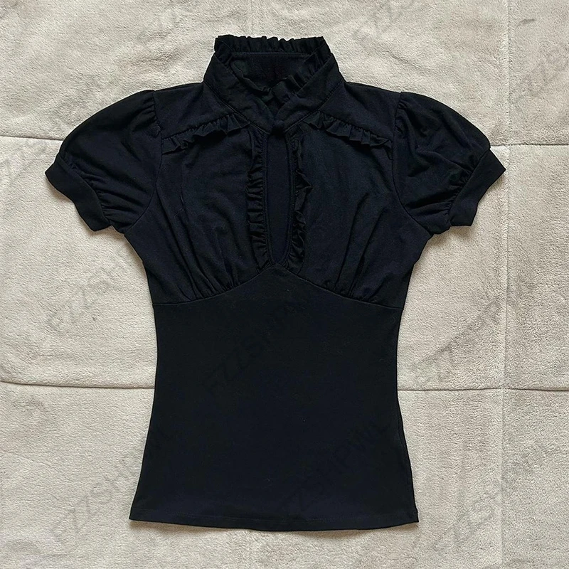 Damski crop top z koronką i kokardą, styl Y2K Black1