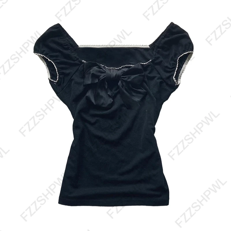 Damski crop top z koronką i kokardą, styl Y2K Black2