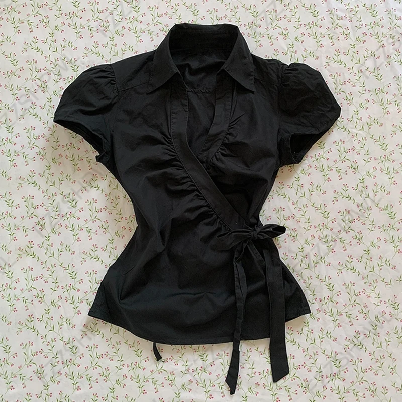 Damski crop top z koronką i kokardą, styl Y2K Black5