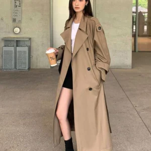 Damski długi płaszcz trencz z paskiem w stylu vintage Khaki