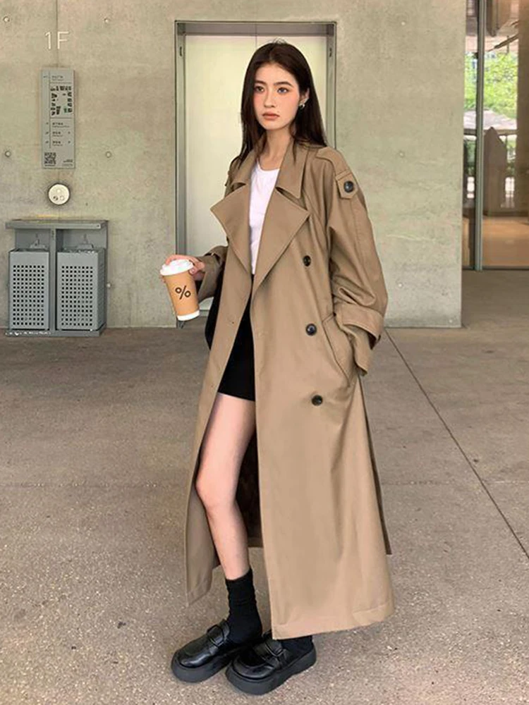 Damski długi płaszcz trencz z paskiem w stylu vintage Khaki