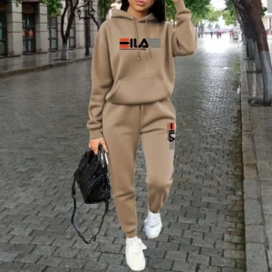Damski dres z bluzą z kapturem i spodniami, streetwear Beżowy