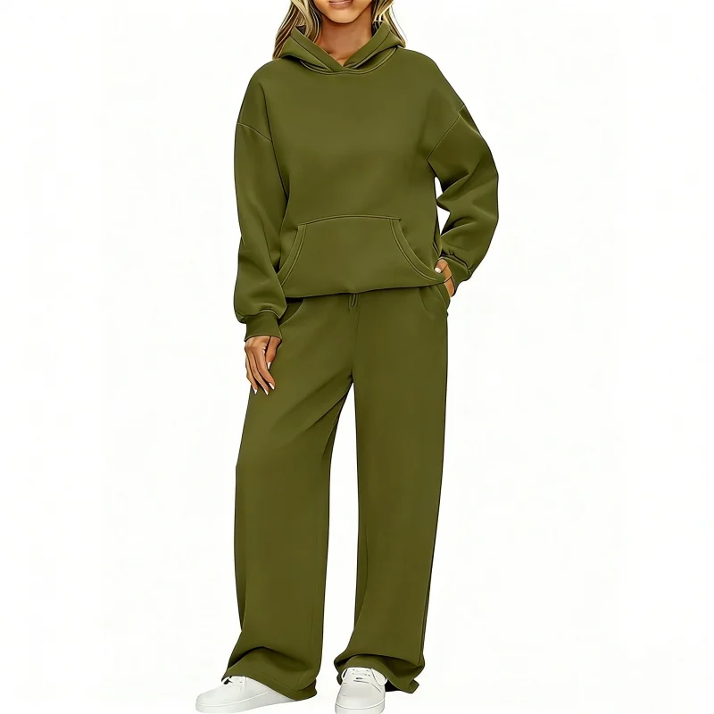 Damski dres: bluza z kapturem i spodnie z szerokimi nogawkami Khaki