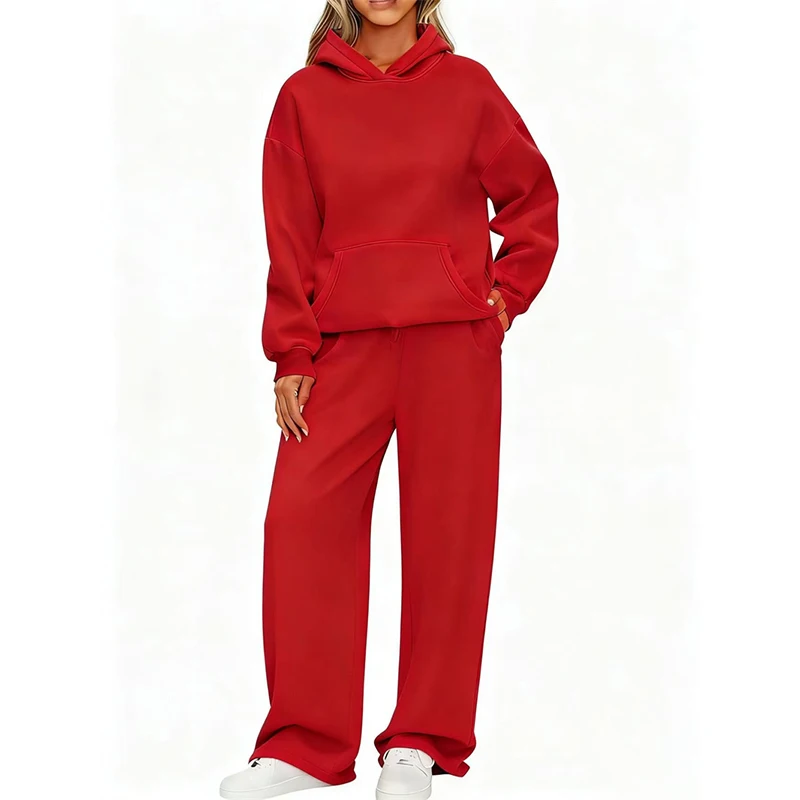 Damski dres: bluza z kapturem i spodnie z szerokimi nogawkami Czerwony