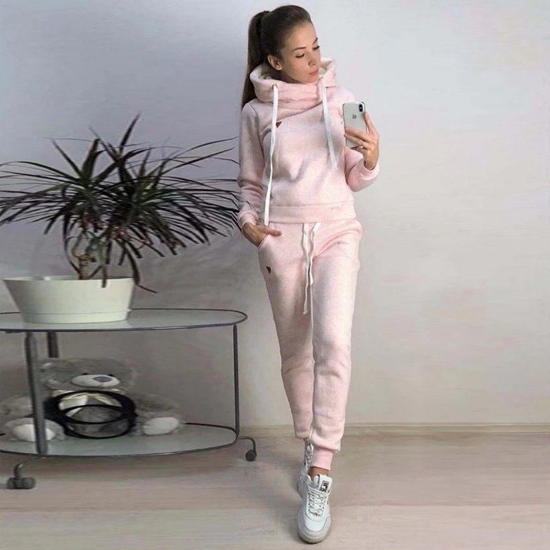 Damski dres 2-częściowy: bluza z kapturem i spodnie na jesień i zimę Różowy