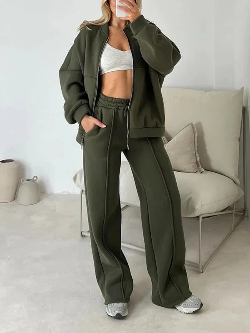 Damski dres dwuczęściowy z bluzą na zamek i spodniami Khaki