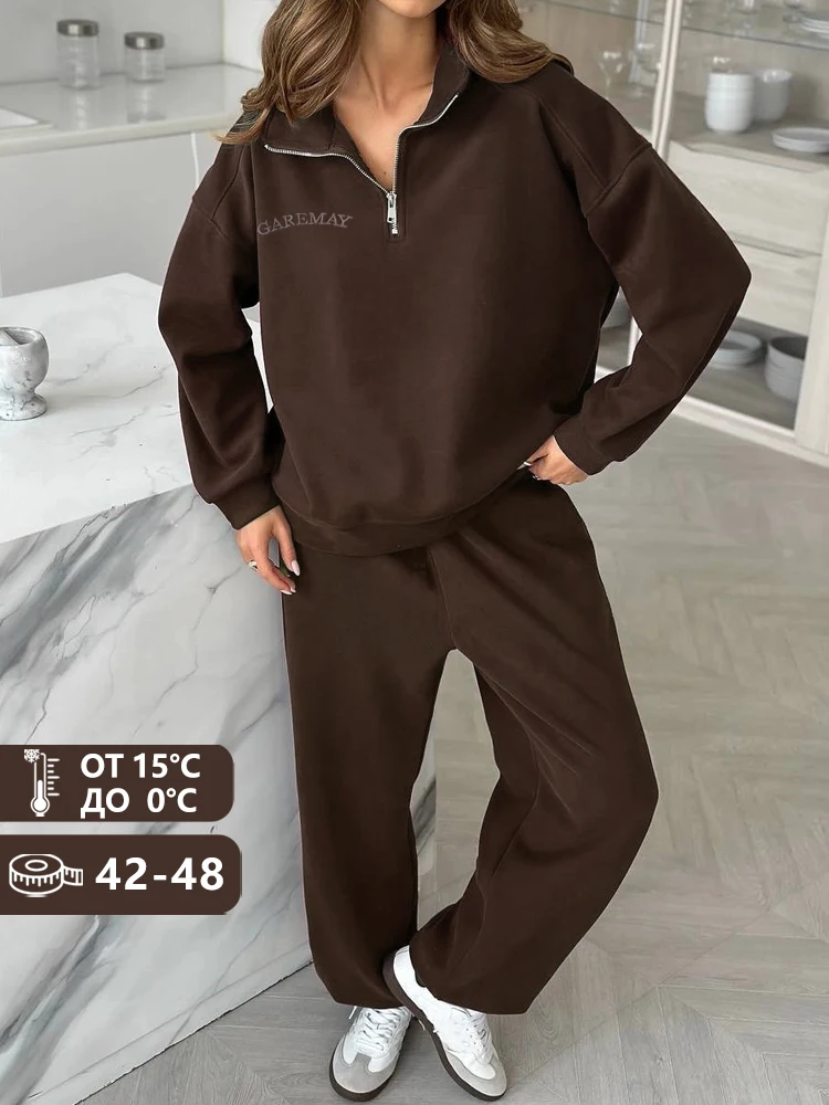 Damski dres dwuczęściowy z bluzą na zamek i spodniami Brązowy