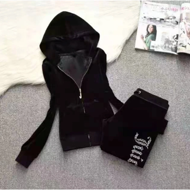Damski dres z kapturem i spodnie z kryształkami w stylu Y2K Czarny
