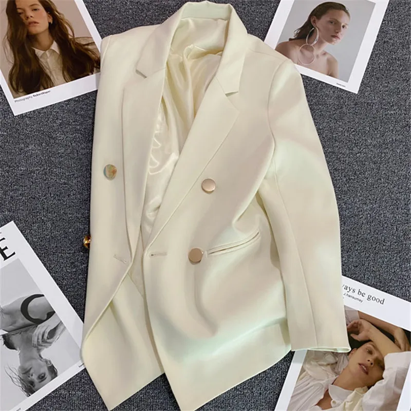Damski dwurzędowy żakiet blazer w stylu biurowym Biały z wyblaknięciem