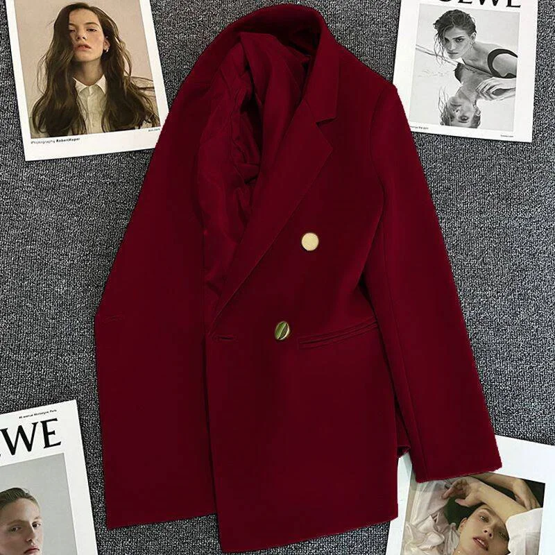 Damski dwurzędowy żakiet blazer w stylu biurowym Czerwone wino