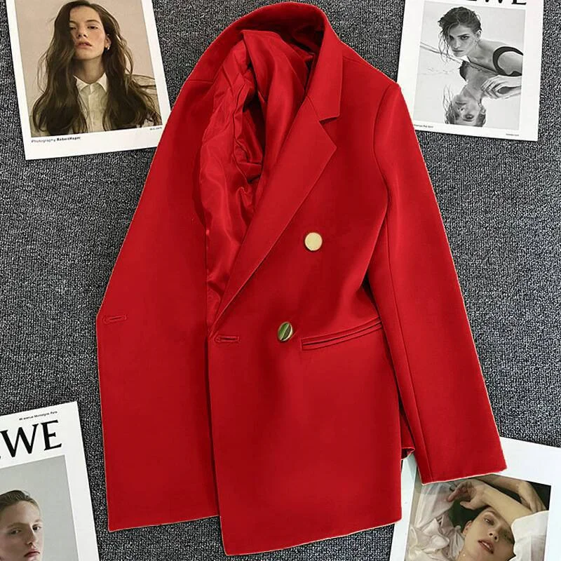 Damski dwurzędowy żakiet blazer w stylu biurowym Czerwony