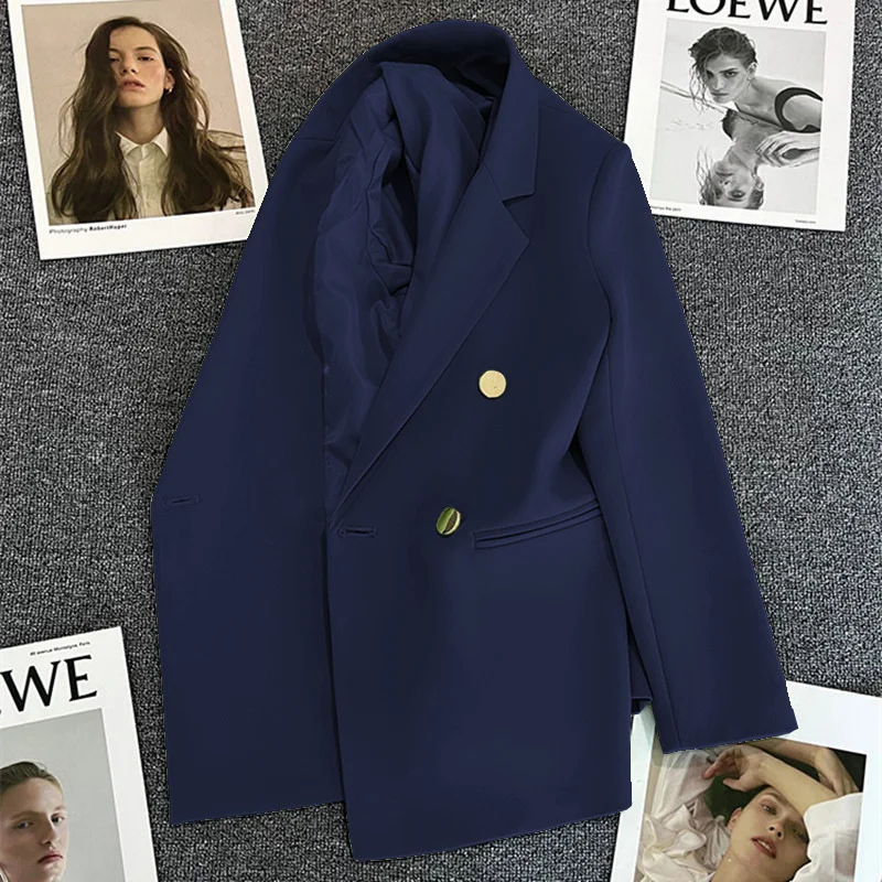 Damski dwurzędowy żakiet blazer w stylu biurowym Granatowy