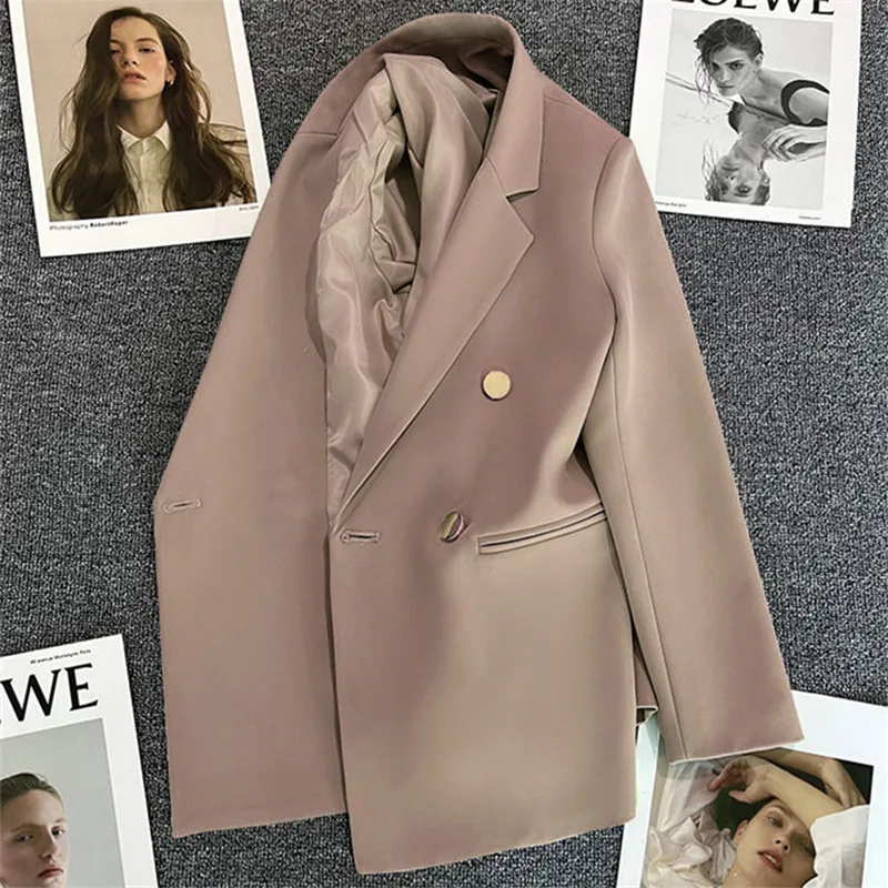Damski dwurzędowy żakiet blazer w stylu biurowym Khaki