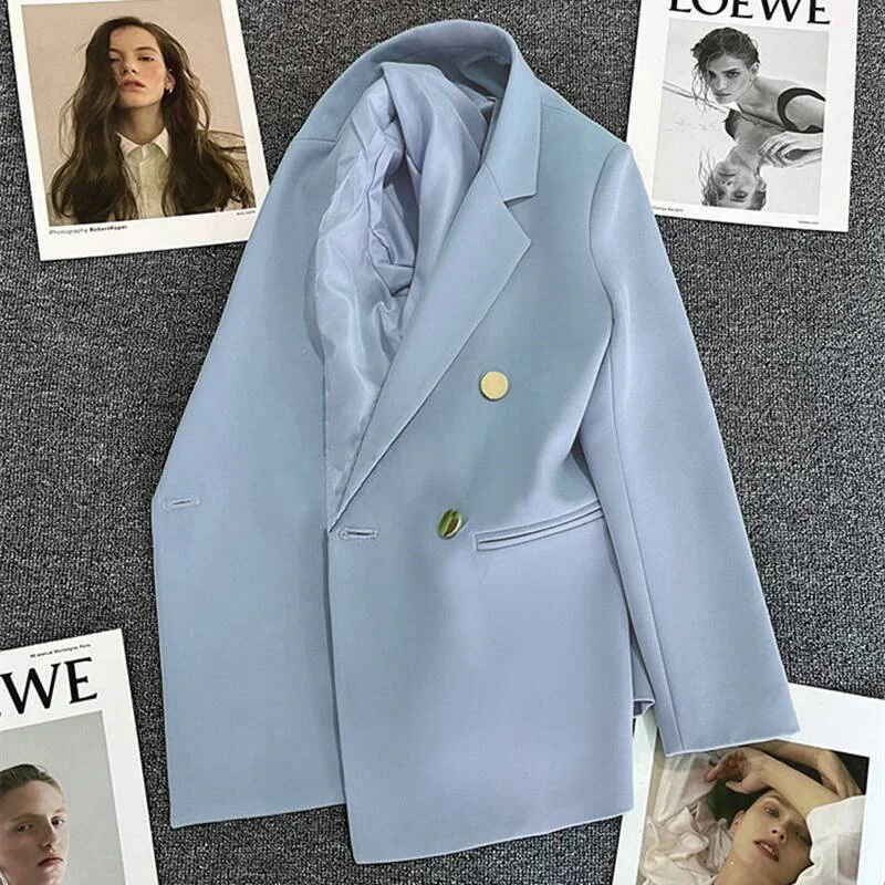 Damski dwurzędowy żakiet blazer w stylu biurowym Niebieski