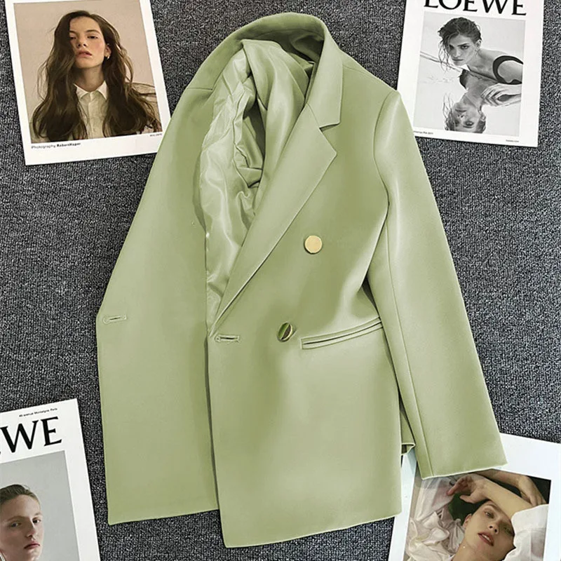 Damski dwurzędowy żakiet blazer w stylu biurowym Wiosenna zieleń