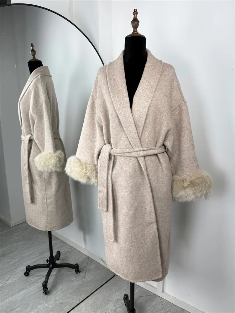 Damski dwustronny płaszcz wełniany z futerkiem Khaiki long overcoat
