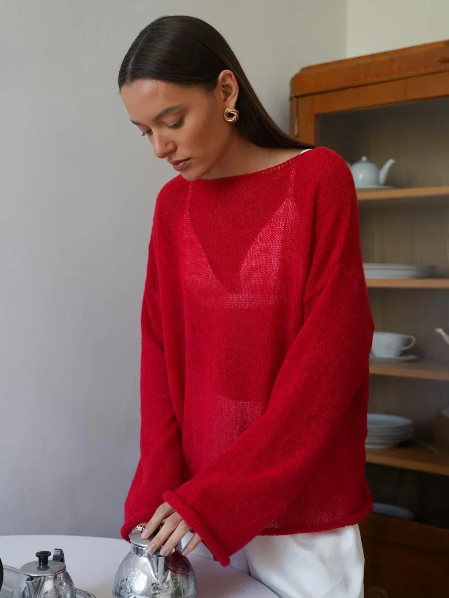 Damski elegancki sweter, luźny krój w stonowanych kolorach Czerwony