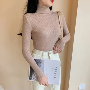 Damski golf prążkowany z długim rękawem Khaki