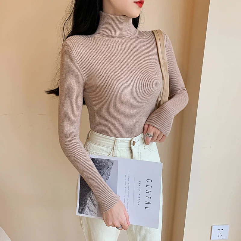 Damski golf prążkowany z długim rękawem Khaki