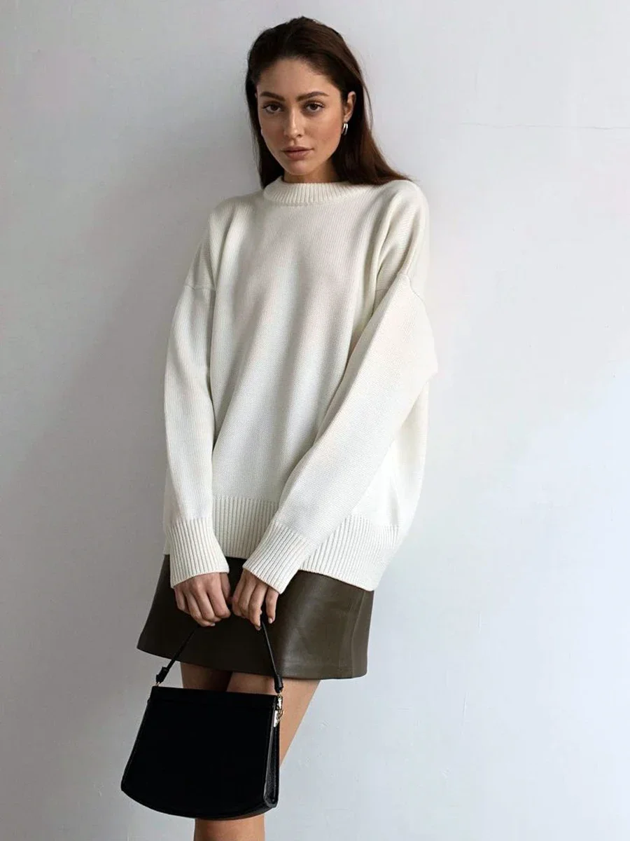 Damski gruby sweter oversize z dzianiny na zimę Biały